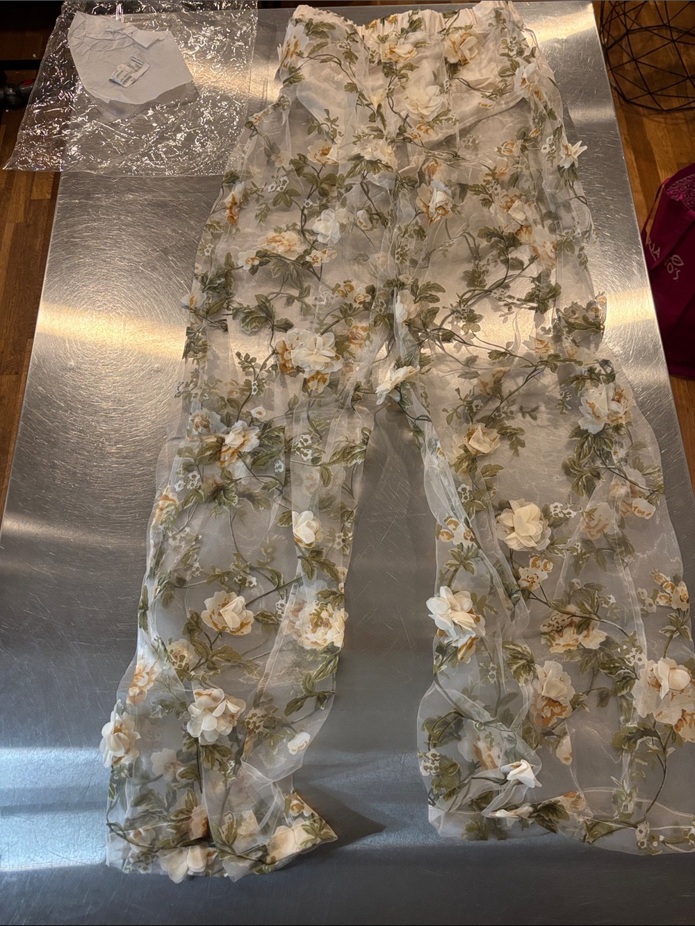 AKIRA Sheer Floral Jumpsuit in Ivory, Olive & Gold - Picture 3 of 4